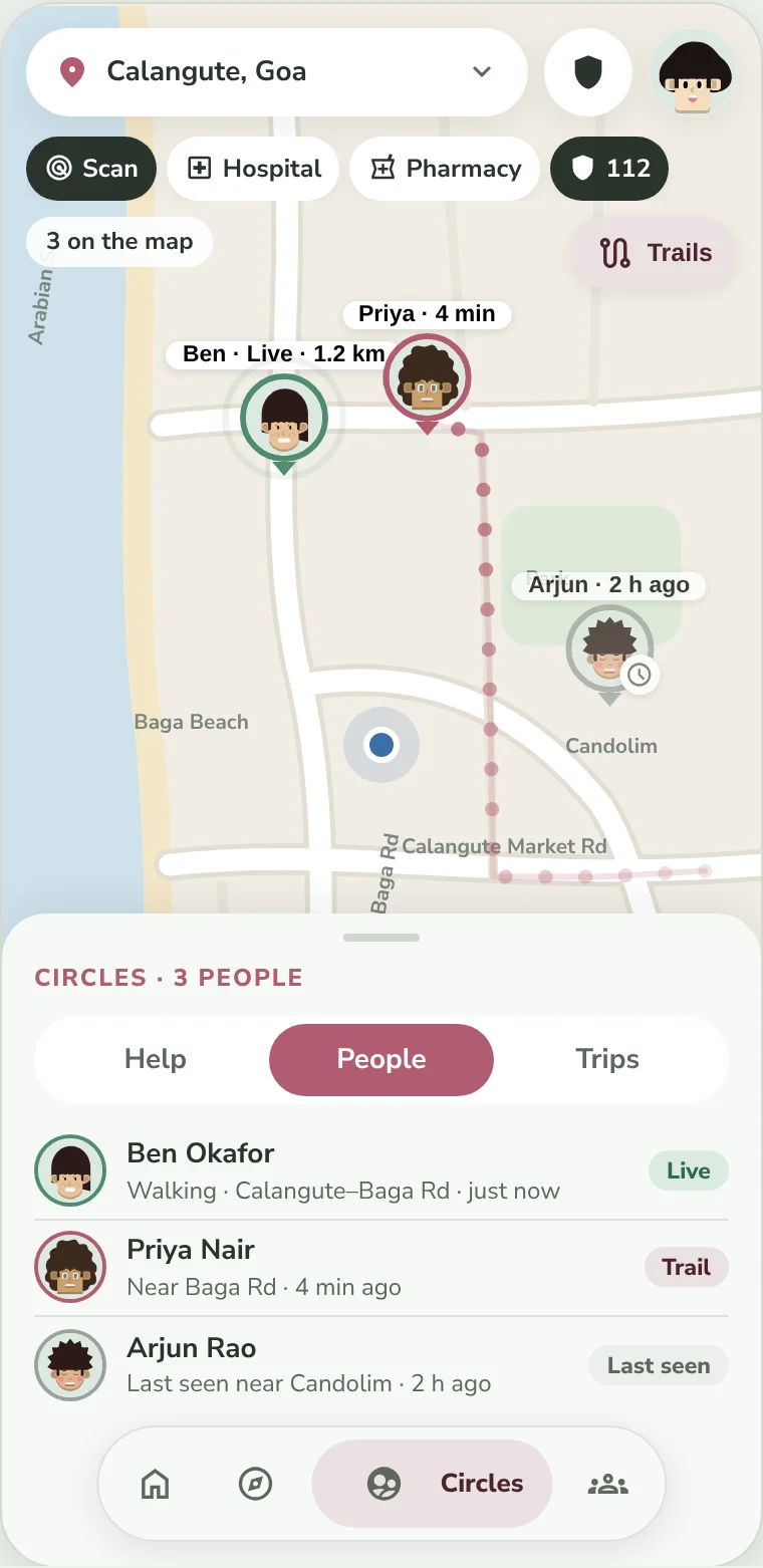 Your traveller&rsquo;s phone: the group on the map and their trails